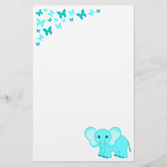 Cute Baby Elephant And Butterflies Stationery (Front)