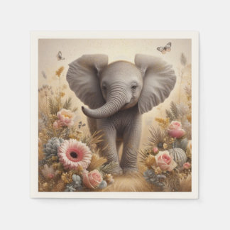 Cute Baby Elephant and Flowers Kids Party Napkins