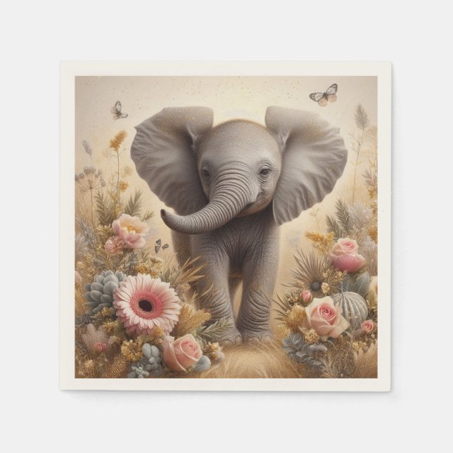 Cute Baby Elephant and Flowers Kids Party  Napkins (Front)