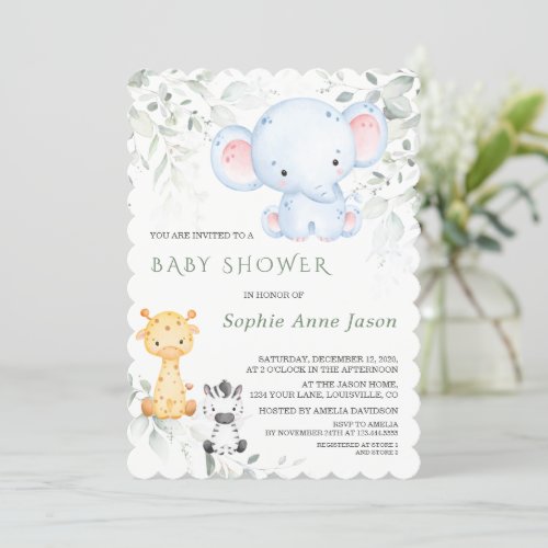 Cute Baby Elephant and Friends Safari Baby Shower  Invitation