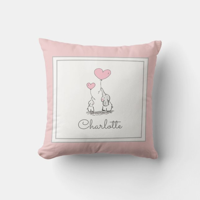 Cute Baby Elephant and Mom with Balloons Pink Girl Throw Pillow (Front)