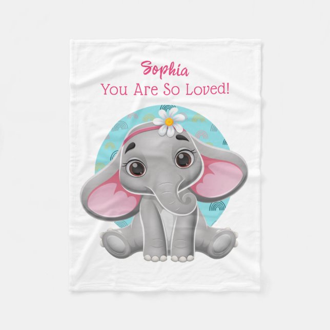 Cute Baby Elephant Art, Child's Name & Message Fleece Blanket (Front)
