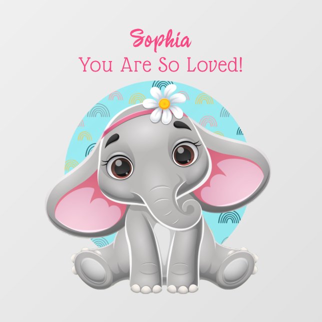 Cute Baby Elephant Art, Child's Name & Message Wal Wall Decal (Front)