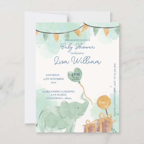 Cute Baby Elephant Balloon Baby Shower Invitation Postcard