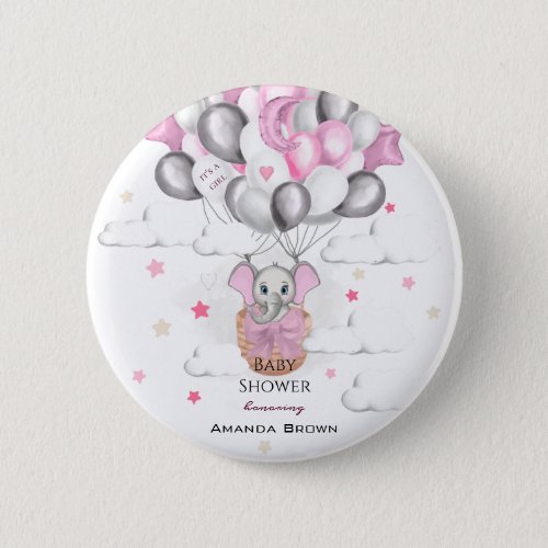 Cute Baby Elephant Balloon Basket Girl Baby Shower Button