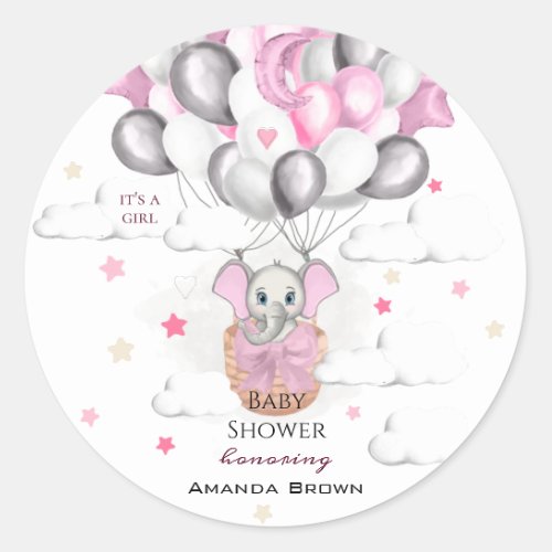 Cute Baby Elephant Balloon Basket Girl Baby Shower Classic Round Sticker