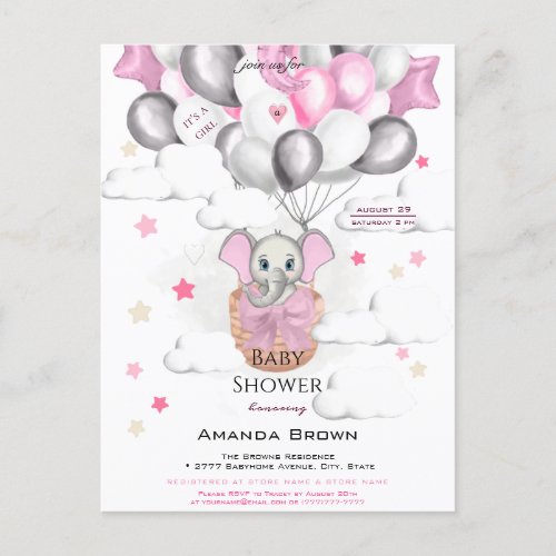 Cute Baby Elephant Balloon Basket Girl Baby Shower Invitation Postcard