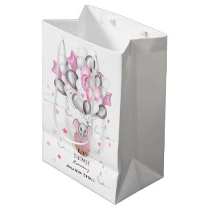 Cute Baby Elephant Balloon Basket Girl Baby Shower Medium Gift Bag