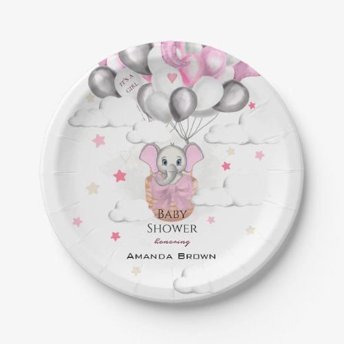 Cute Baby Elephant Balloon Basket Girl Baby Shower Paper Plates