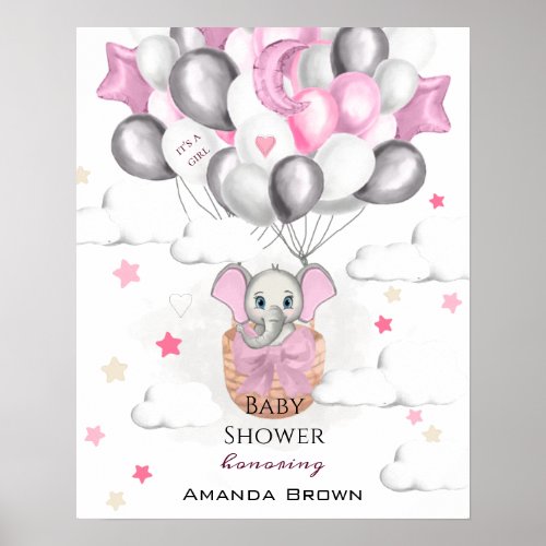 Cute Baby Elephant Balloon Basket Girl Baby Shower Poster