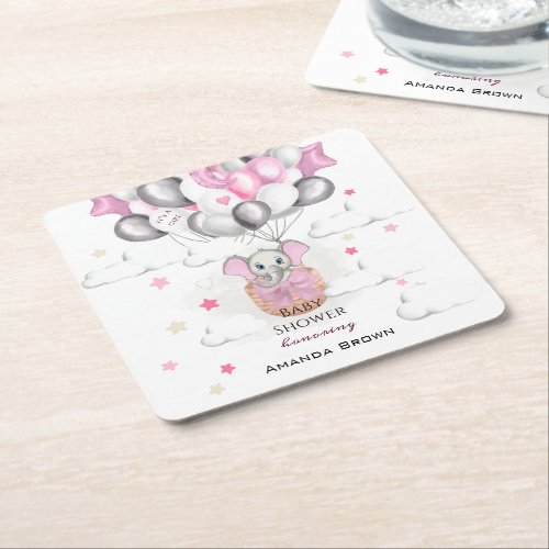 Cute Baby Elephant Balloon Basket Girl Baby Shower Square Paper Coaster