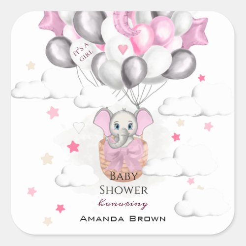 Cute Baby Elephant Balloon Basket Girl Baby Shower Square Sticker