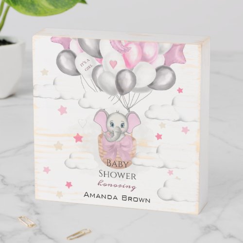 Cute Baby Elephant Balloon Basket Girl Baby Shower Wooden Box Sign