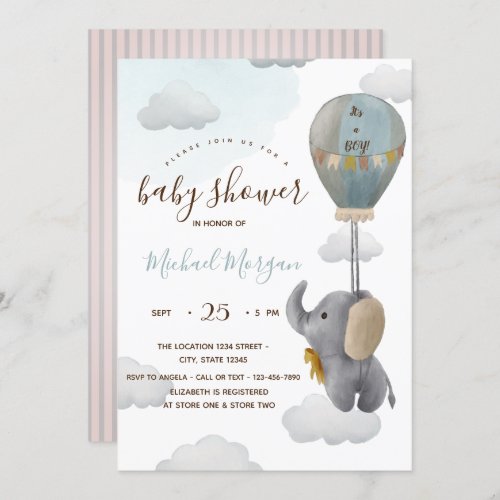 Cute Baby Elephant Balloon Stripes Baby Shower Invitation