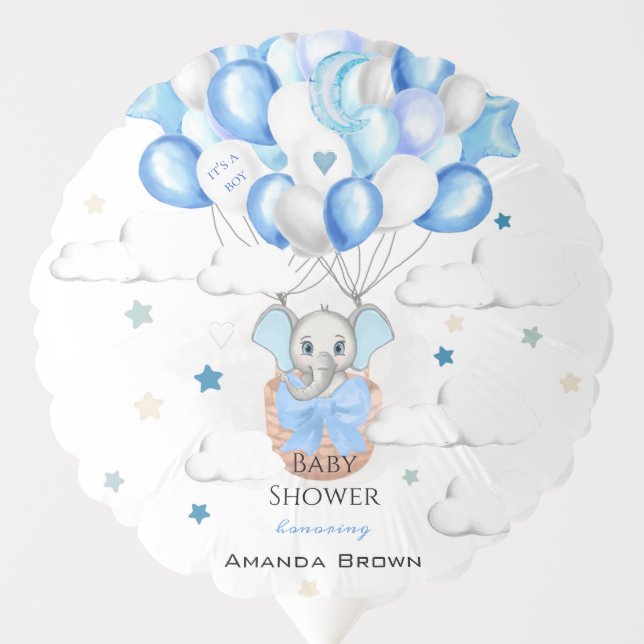 Cute Baby Elephant Balloons Basket Boy Baby Shower (Front)