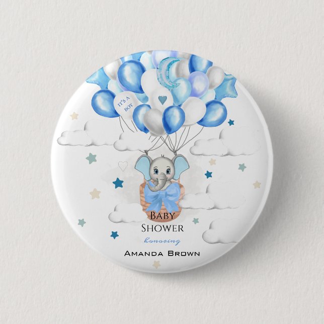Cute Baby Elephant Balloons Basket Boy Baby Shower Button (Front)