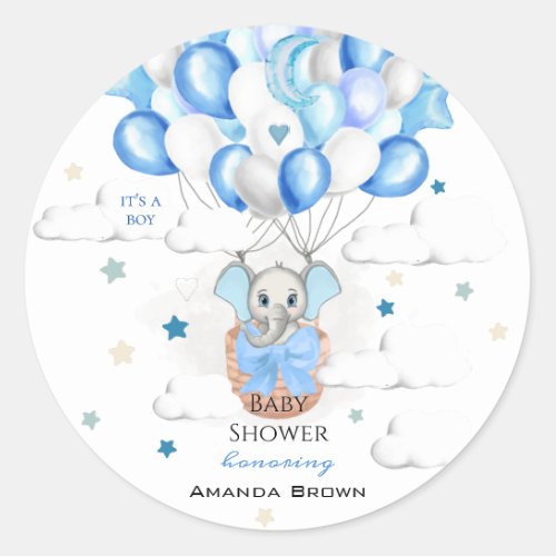 Cute Baby Elephant Balloons Basket Boy Baby Shower Classic Round Sticker