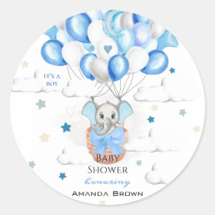 Cute Baby Elephant Balloons Basket Boy Baby Shower Classic Round Sticker