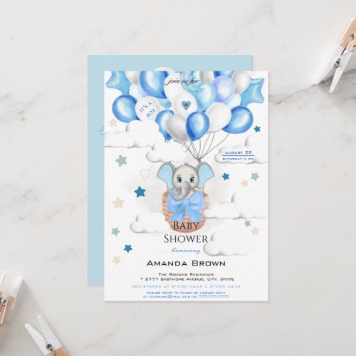 Cute Baby Elephant Balloons Basket Boy Baby Shower Invitation