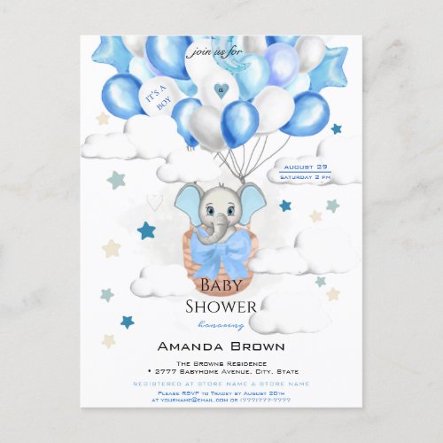 Cute Baby Elephant Balloons Basket Boy Baby Shower Invitation Postcard