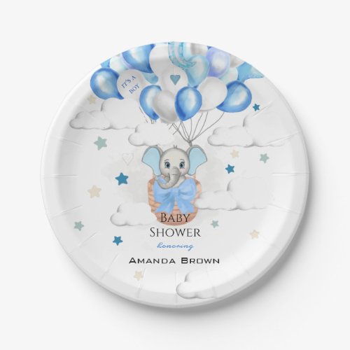 Cute Baby Elephant Balloons Basket Boy Baby Shower Paper Plates
