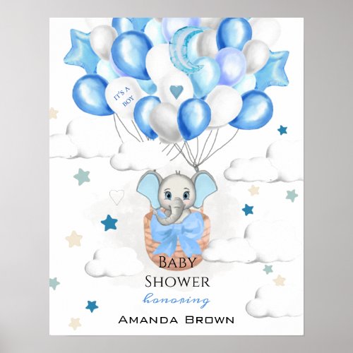 Cute Baby Elephant Balloons Basket Boy Baby Shower Poster