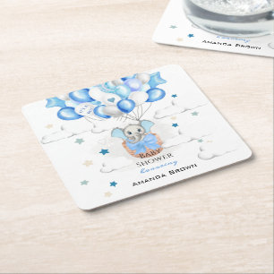 Cute Baby Elephant Balloons Basket Boy Baby Shower Square Paper Coaster