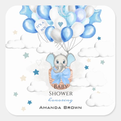 Cute Baby Elephant Balloons Basket Boy Baby Shower Square Sticker