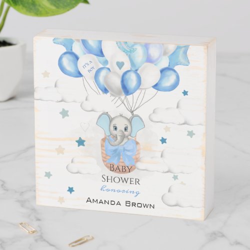 Cute Baby Elephant Balloons Basket Boy Baby Shower Wooden Box Sign