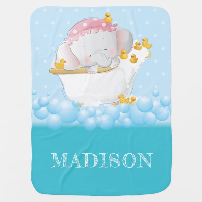 Cute Baby Elephant Bath Personalized Blanket (Front)