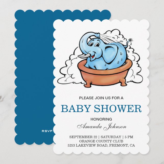 Cute Baby Elephant Bath Tub Baby Shower Invitation (Front/Back)