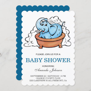 Cute Baby Elephant Bath Tub Baby Shower Invitation