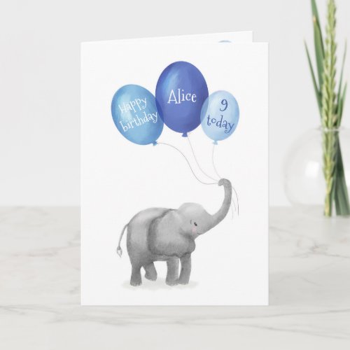 Cute baby elephant birthday age card bliue