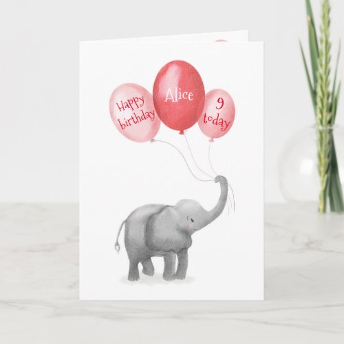 Cute baby elephant birthday age card pink
