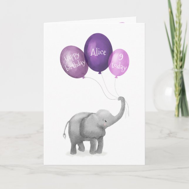 Cute baby elephant birthday age card (purple) (Front)