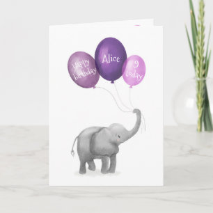 Cute baby elephant birthday age card (purple)