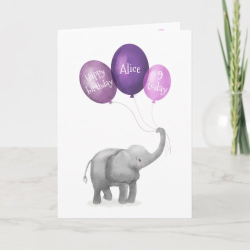 Cute baby elephant birthday age card purple