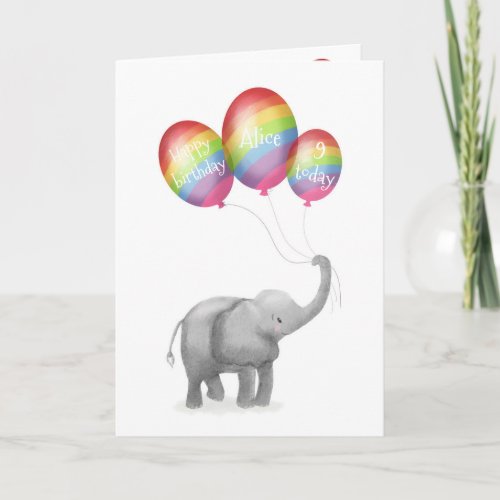 Cute baby elephant birthday age card rainbow