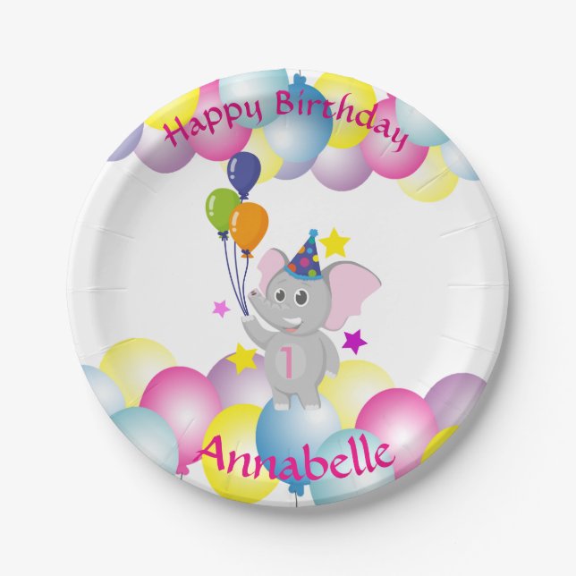 Cute baby elephant Birthday party Paper Plates (Front)