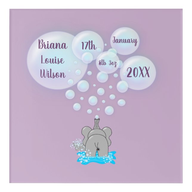 Cute Baby Elephant Blowing Bubbles Monogrammed Acrylic Print (Front)