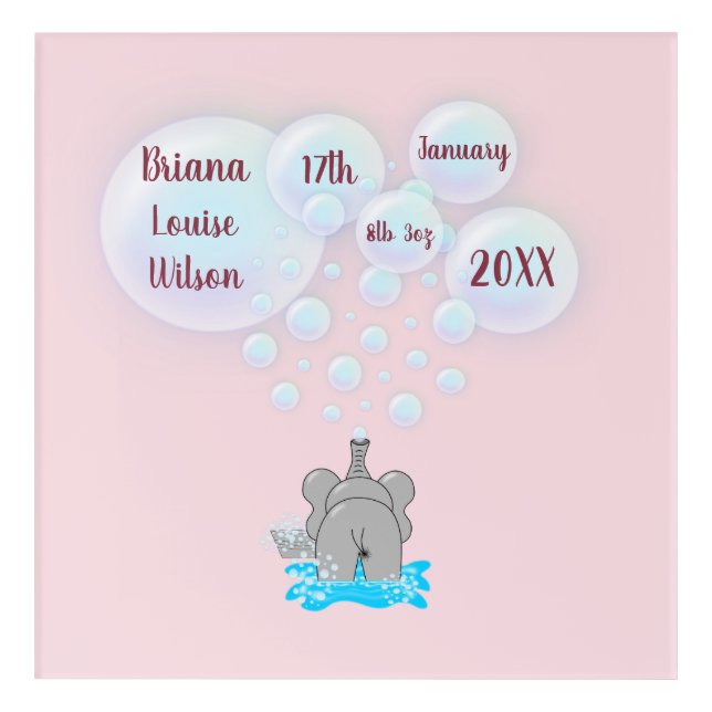 Cute Baby Elephant Blowing Bubbles Monogrammed Acrylic Print (Front)