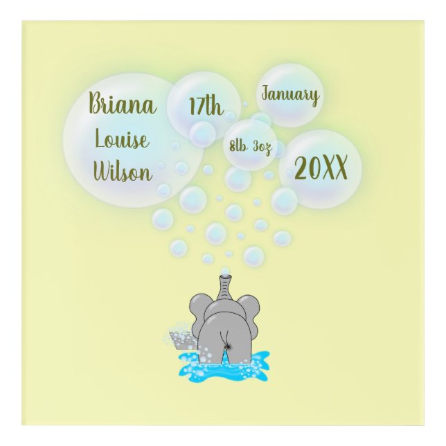 Cute Baby Elephant Blowing Bubbles Monogrammed Acrylic Print (Front)