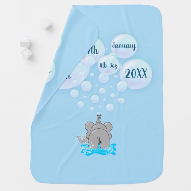 Cute Baby Elephant Blowing Bubbles Monogrammed Baby Blanket (In Situ)