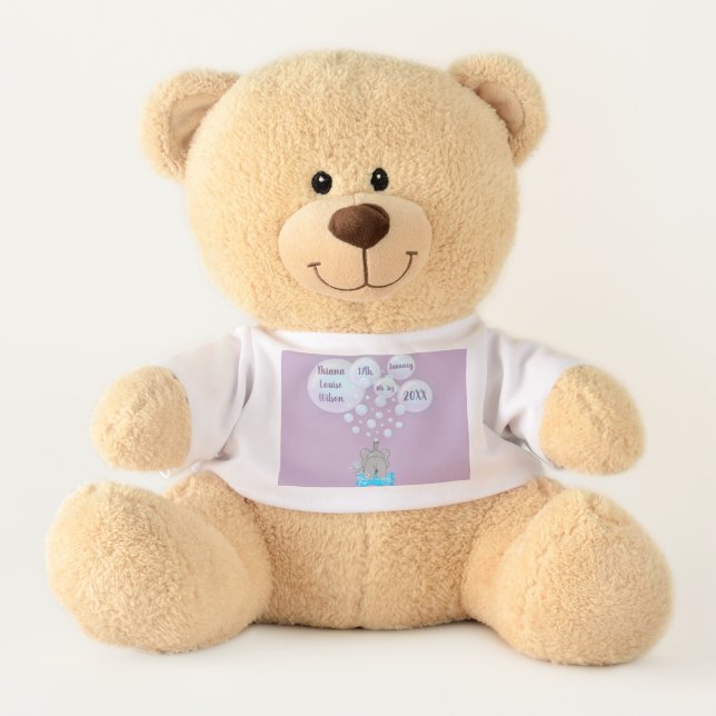 Cute Baby Elephant Blowing Bubbles Monogrammed Teddy Bear (Front)