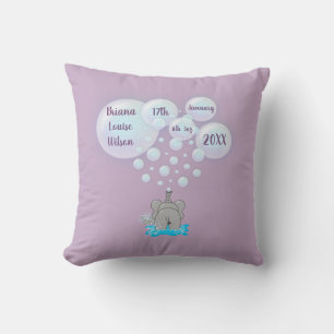 Cute Baby Elephant Blowing Bubbles Monogrammed Throw Pillow