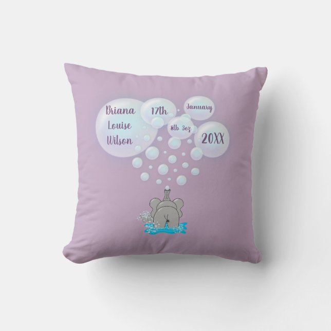 Cute Baby Elephant Blowing Bubbles Monogrammed Throw Pillow (Front)