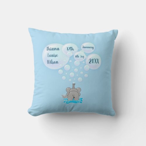 Cute Baby Elephant Blowing Bubbles Monogrammed Throw Pillow