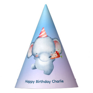 Cute Baby Elephant blowing confetti, Birthday Party Hat