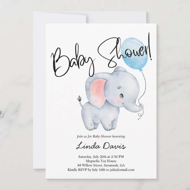 Cute Baby Elephant Blue Balloon Baby Shower Invitation (Front)