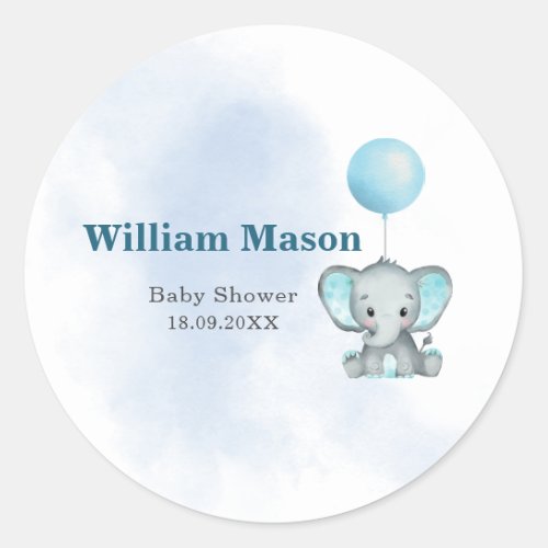 Cute Baby Elephant Blue Balloon Watercolor  Classic Round Sticker